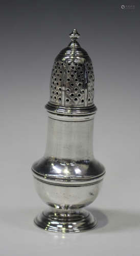 A George II silver baluster pepper caster with pierced domed...