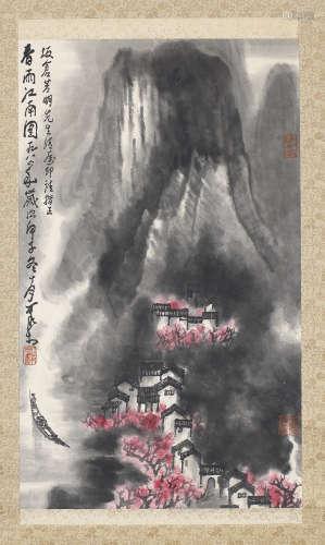 李可染 1984 春雨江南图 设色纸本 日本裱轴