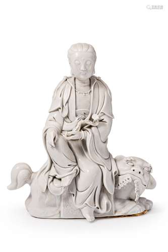 Guanyin, seitlings auf einem liegenden Fo-Hund sitzend China...