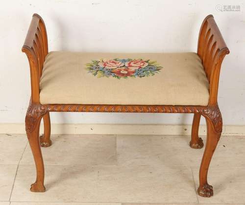 Walnut bench with petit point upholstery