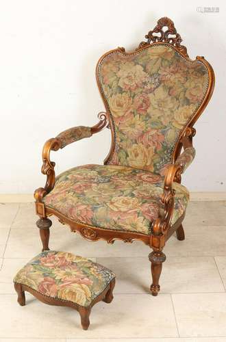 Italian walnut armchair with footstool