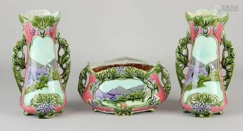 Antique three-piece majolica vases set