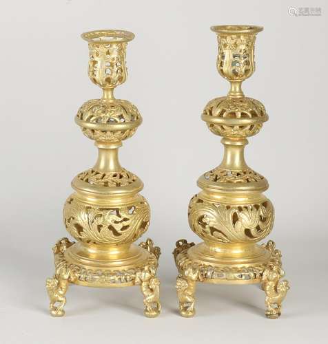 Two gold plated candlesticks