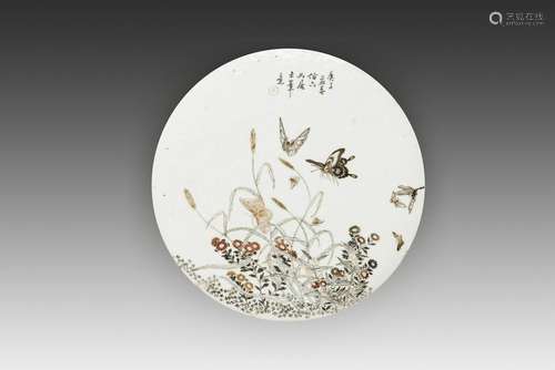 A PORCELAIN 'FLOWER AND BUTTERFLY' PLAQUE , QING