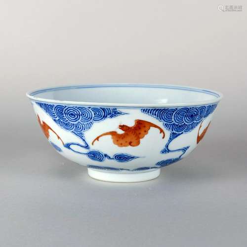 A CHINESE BLUE AND WHITE IRON-RED GLAZED 'BAT' BOWL,