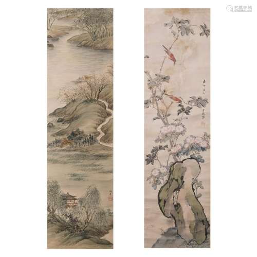 LOT OF 2, TWO CHINESE SCROLL PAINTINGS OF LANDSCAPE …