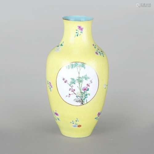 A FAMILLE ROSE YELLOW-GROUND SGRAFFIATO VASE, LATER