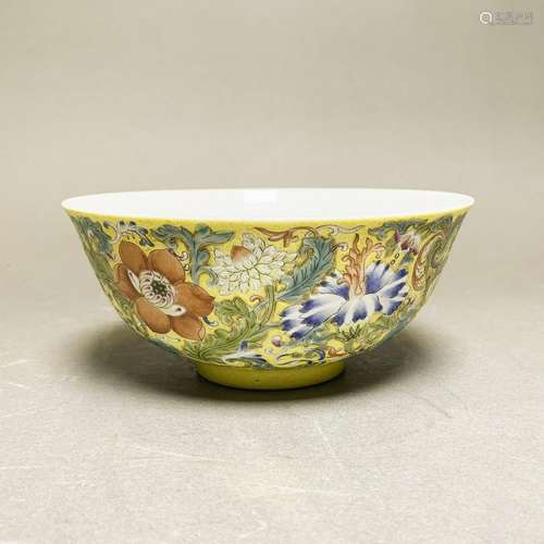 A FAMILLE ROSE YELLOW-GROUND BOWL, DAOGUANG MARK