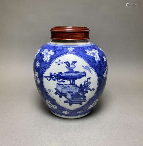 A BLUE AND WHITE 'PRUNUS' JAR WITH COVER, KANGXI PERIOD