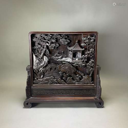 A CARVED ZITAN TABLE SCREEN AND STAND