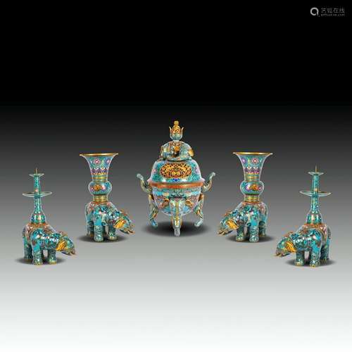 A CHINESE FIVE-PIECE CLOISONNÃ‰ GARNITURE, 19TH-2…