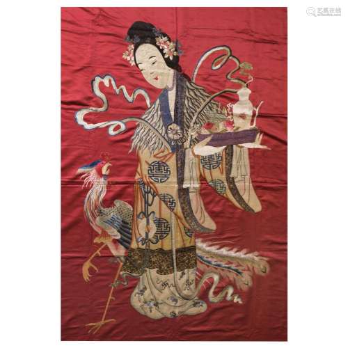 A CHINESE SILK RED-GROUND EMBROIDERED IMMORTAL LADY