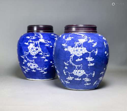 A PAIR OF BLUE AND WHITE 'PRUNE' OVOID JARS