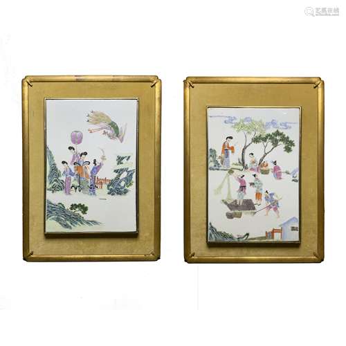 A PAIR OF FAMILLE ROSE RECTANGULAR 'FIGURAL' PLAQUES