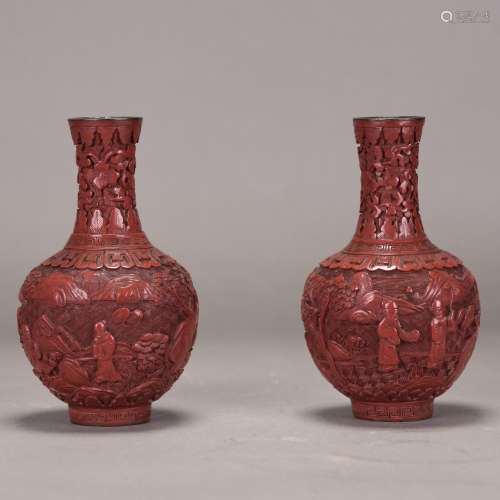 A PAIR OF SMALL CHINESE CINNABAR LACQUER VASES