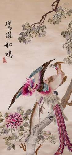 A CHINESE SILK EMBROIDERED PHOENIX HANGINGS