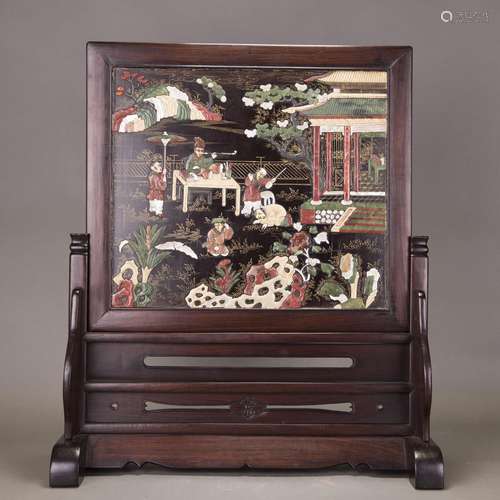 A GEMSTONES INLAID HONGMU TABLE SCREEN AND STAND