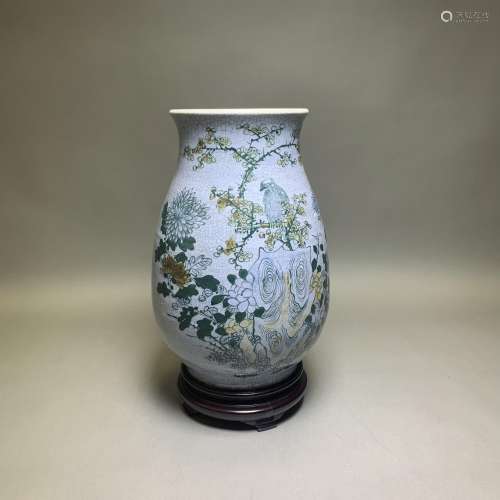 A GE STYLE 'FLOWER AND BIRD' VASE WITH BASE