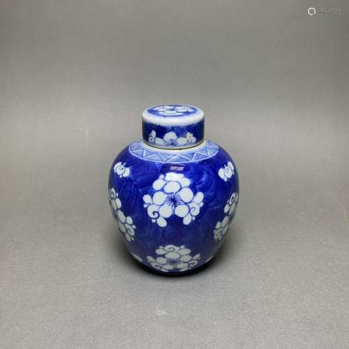 A BLUE AND WHITE 'PRUNUS' JAR WITH COVER, 18TH CENTURY