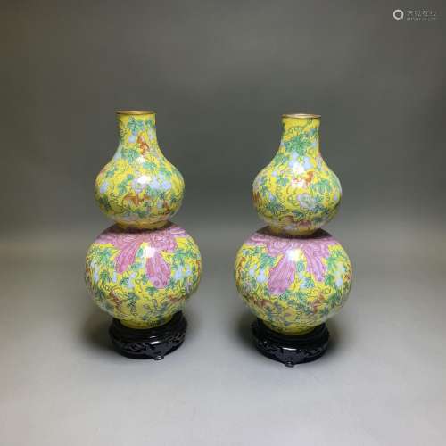 A PAIR OF CLOISONNE DOUBLE-GOURD VASES, WITH STANDS
