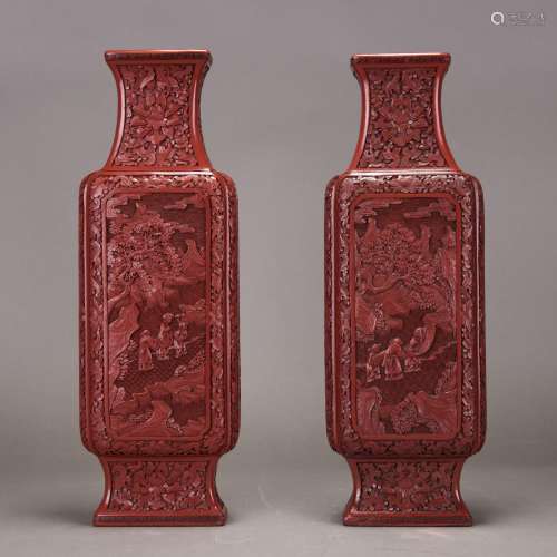 A PAIR OF CHINESE CINNABAR LACQUER SQUARE VASES