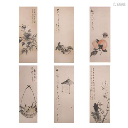 A CHINESE PAINTED SIX PANEL SCREEN