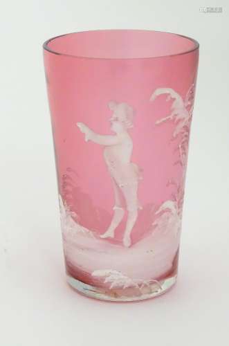 A Cranberry glass beaker with Mary Gregory style white
