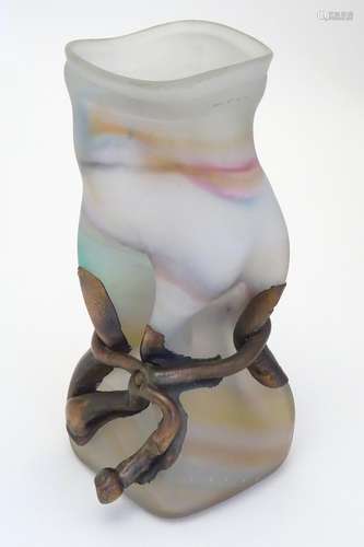 A satin art glass vase of sack / bag form with applied