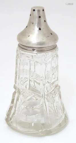 A glass sugar sifter / caster with silver top. Approx.
