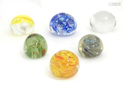 6 art glass paperweights decorated with multicoloured