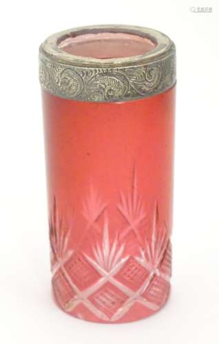 A cut glass vase / spill vase with cranberry detail and