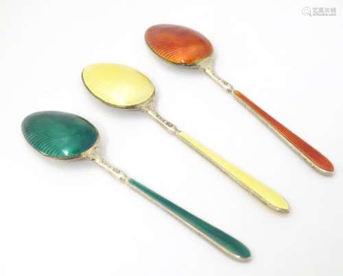Three silver teaspoons with guilloche enamel