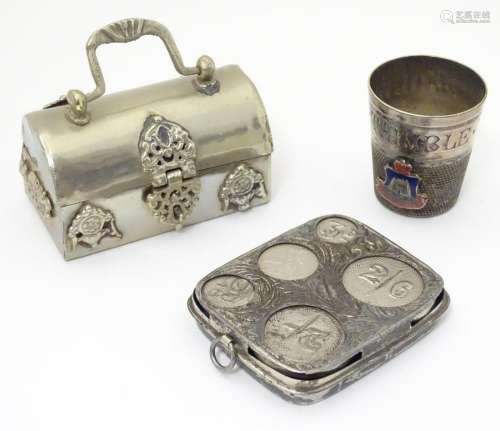 Three silver plate items comprising a coin holder,