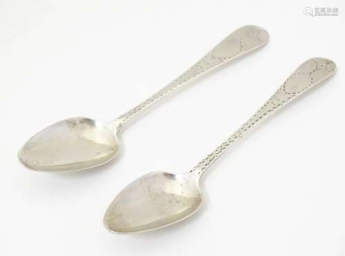 Pair of Georgian Irish silver teaspoons with bright cut