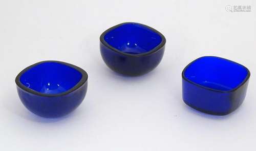 Three blue glass cruet liners, each approximately 1