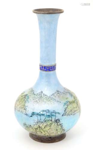 A white metal vase with guilloche enamel decoration and