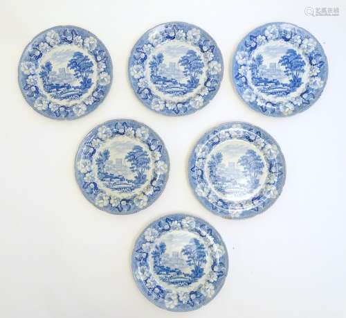 Six 19thC Rogers blue and white plates decorated with