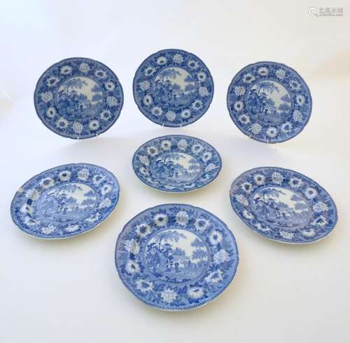 Seven 19thC Rogers blue and white plates in the zebra