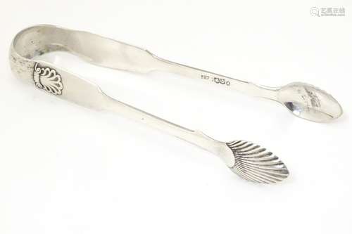 Victorian Scottish silver sugar tongs with shell formed