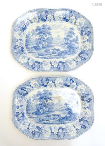 A pair of 19thC Rogers blue and white meat plates