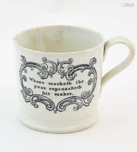 A proverb mug / cup with a scrolled cartouche with the