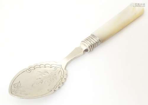 A silver preserve / jam spoon with mother of pearl