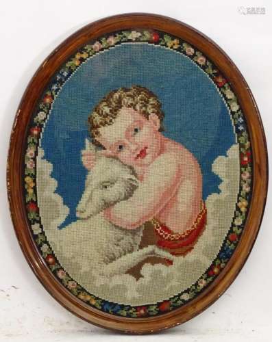 A 20thC oval needlework / embroidery depicting John the