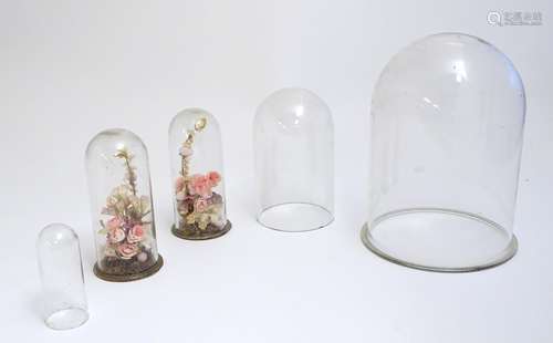 Five glass domes, to include a pair containing floral