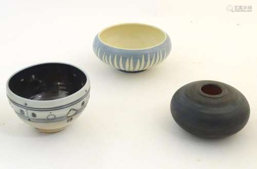 Three studio pottery bowls comprising a Buckfast Abbey