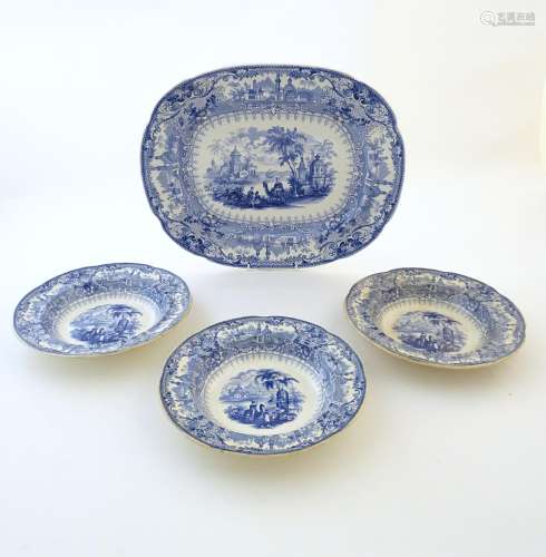 A 19thC blue and white meat plate / platter, together