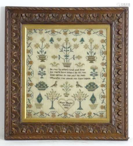 A 19thC needlework sampler with embroidered decoration