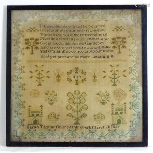 An early 19thC needlework sampler with embroidered