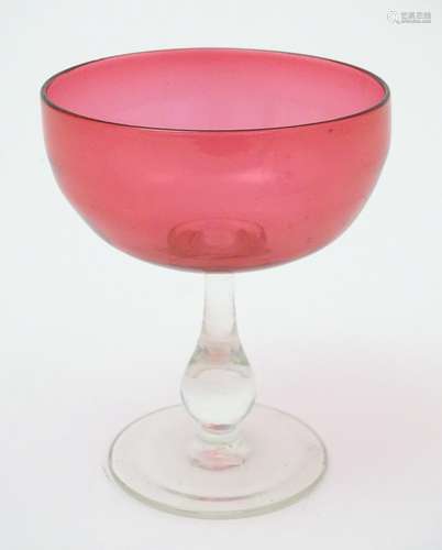 A late 19thC Cranberry glass dish / bowl with clear