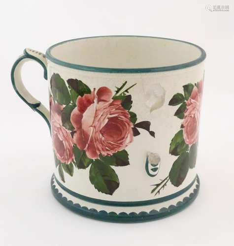 A large Wemyss Ware tyg in the cabbage rose pattern.